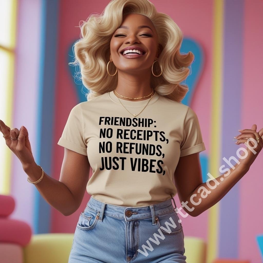Short sleeve t-shirt, print: Friendship: no receipts, no refunds, JUST VIBES.