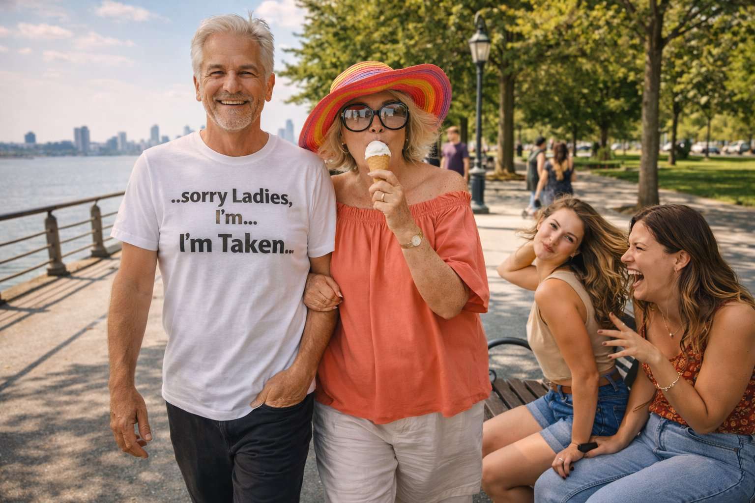 Senior couple walking on a promenade wearing funny 60 plus unfiltered slogan t-shirts — TtCAD