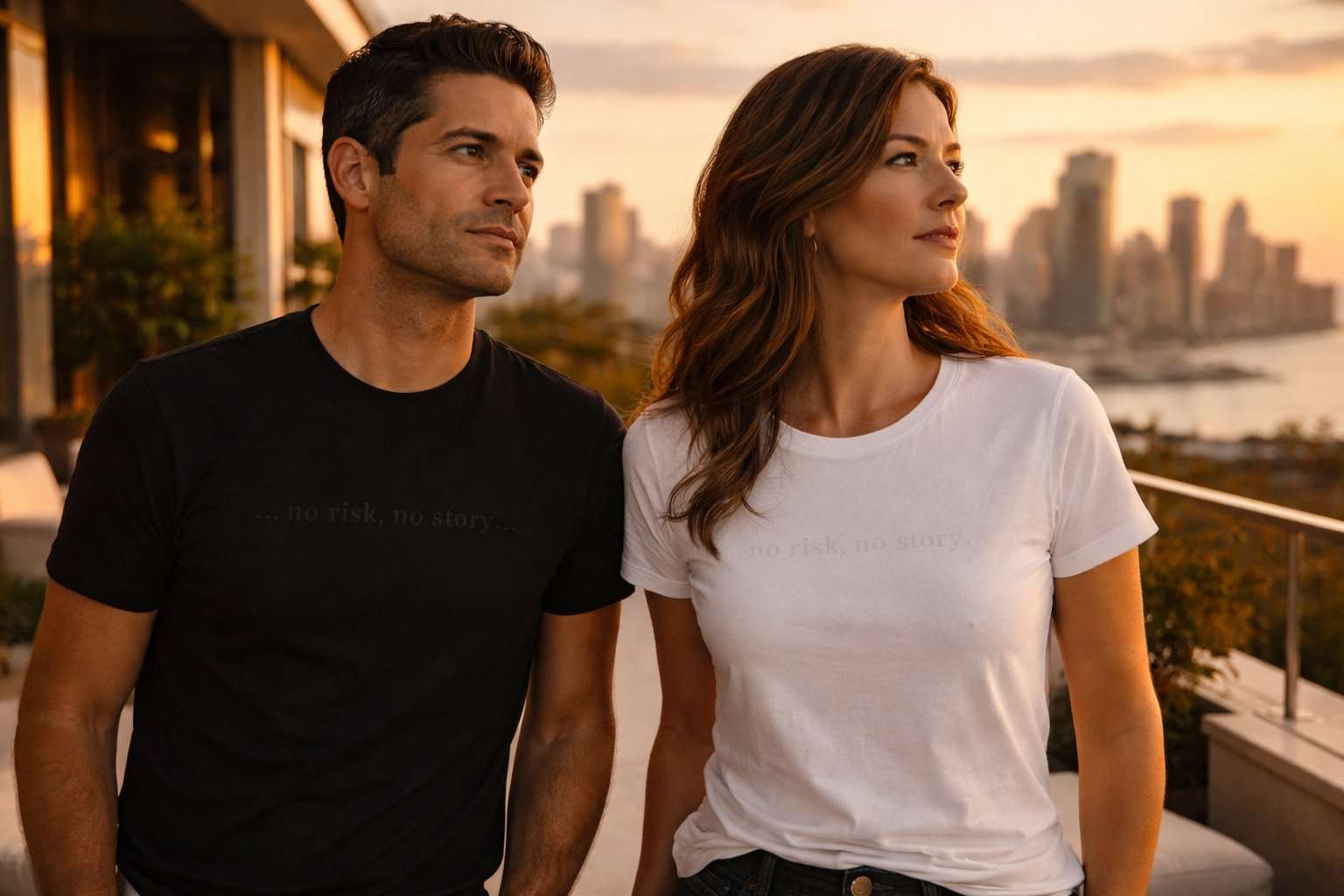 Couple on a rooftop terrace at sunset wearing premium tone-on-tone whispered scream t-shirts — TtCAD