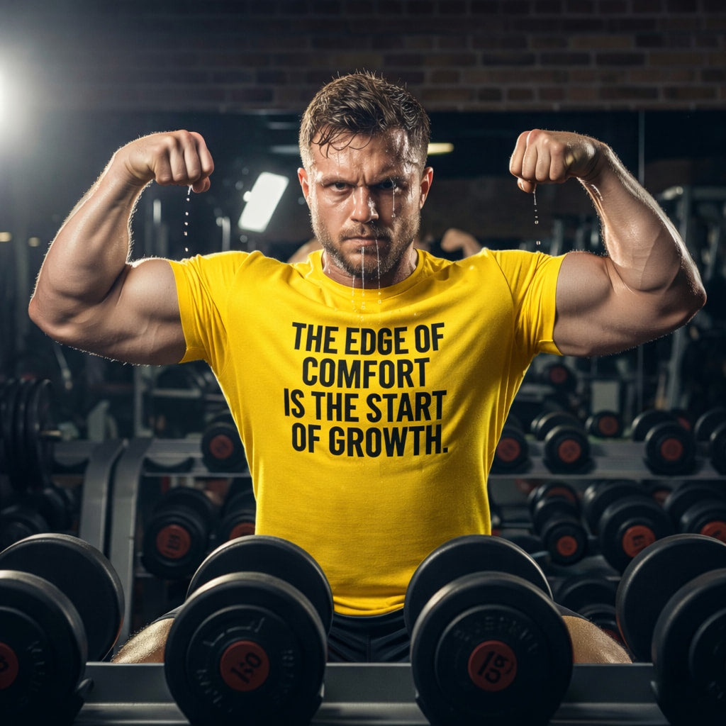 Fitness and discipline: man in THE EDGE OF COMFORT... yellow tee at the gym; unique gift for a bodybuilder or a personal trainer to inspire growth