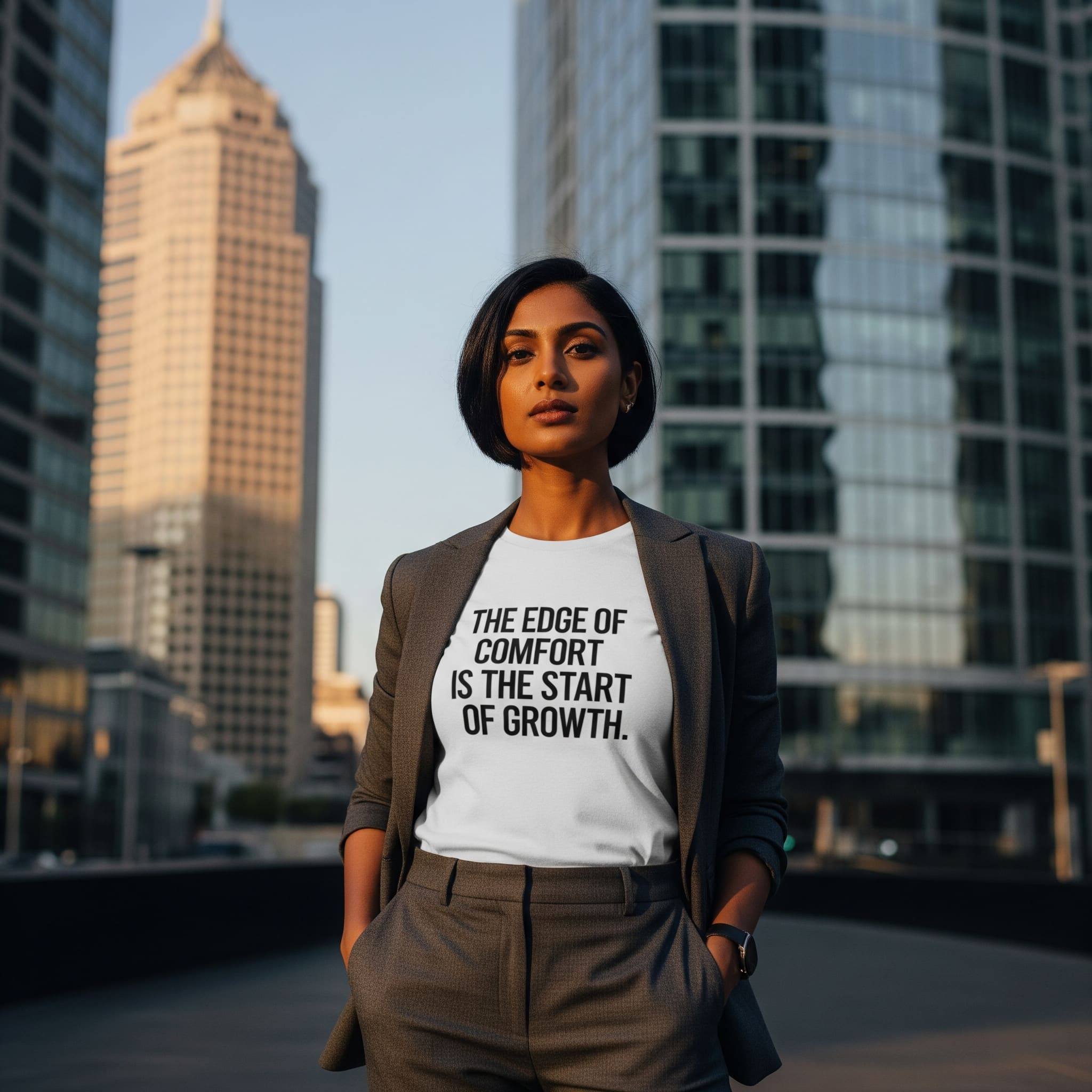 Professional growth: THE EDGE OF COMFORT IS THE START OF GROWTH. premium shirt worn by a woman; great gift for a businesswoman or a mentor