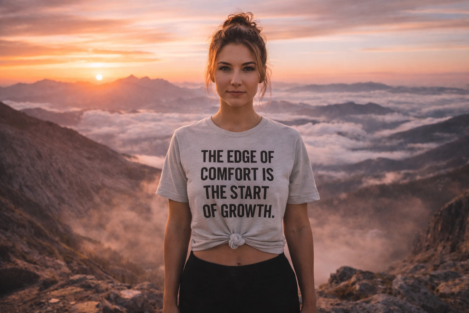 Personal evolution: woman in THE EDGE OF COMFORT... shirt at the mountain top; creative gift for a traveler or someone on a self-improvement journey