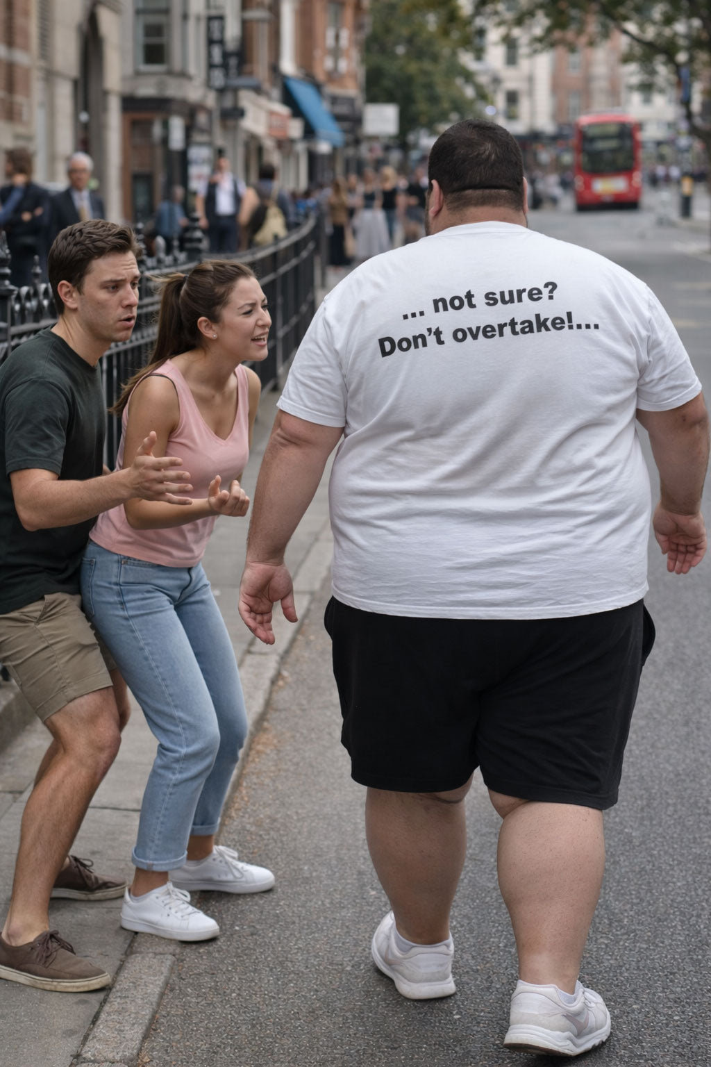 Man strolling past others on the sidewalk in his not sure don't overtake tee ideal for friends.