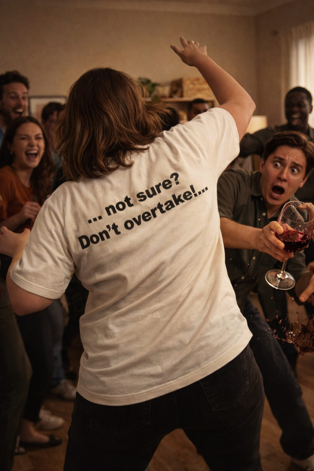 Woman enjoying a lively indoor gathering wearing the not sure don't overtake shirt great for introverts.