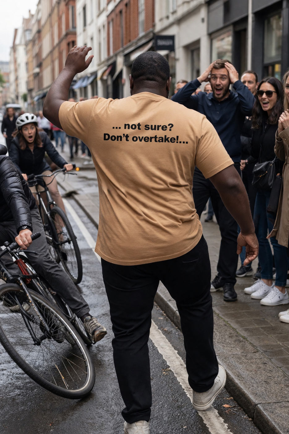 Relaxed guy walking along an avenue sporting a not sure don't overtake shirt making a funny gift.