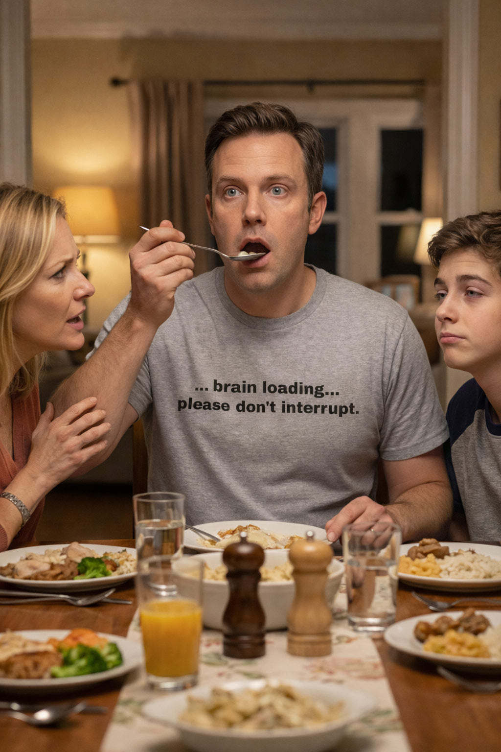 Distracted man at a dinner table in brain loading please don't interrupt needing extra mental preparation.