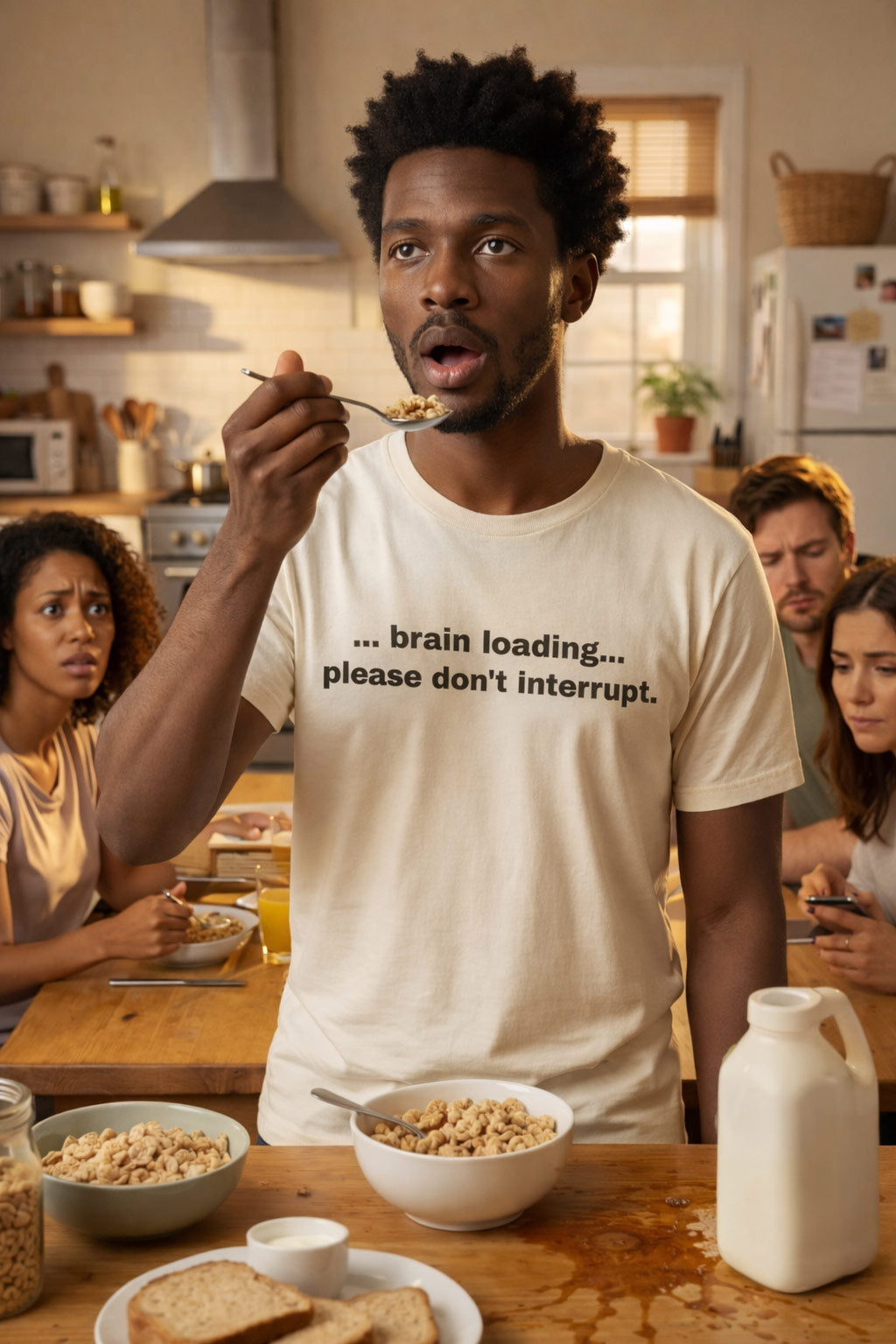 Zoned out man eating breakfast wearing brain loading please don't interrupt embracing a slower internal pace.