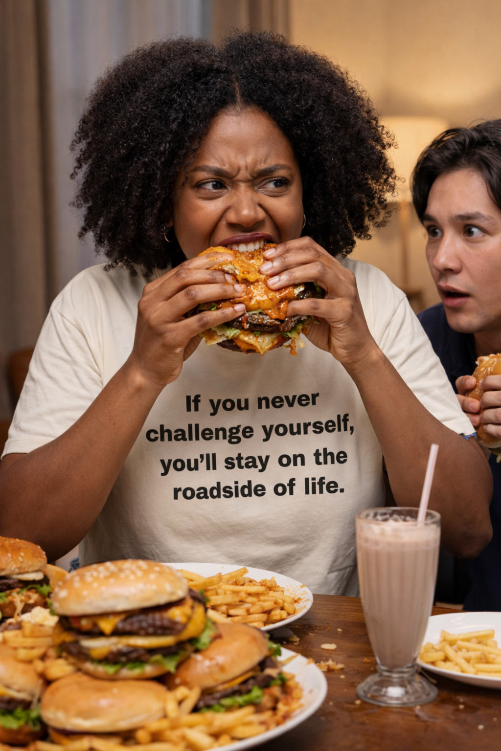 Determined woman eating a giant burger wearing if you never challenge yourself shirt inspiring a remarkable adventure.