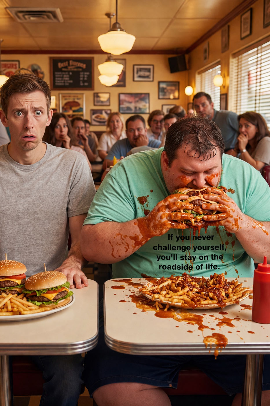 Messy guy conquering a huge diner meal in if you never challenge yourself tee ideal for risk takers.