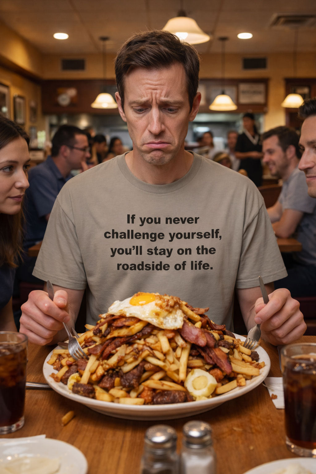 Daunted man facing a mountain of fries wearing if you never challenge yourself shirt for personal growth.
