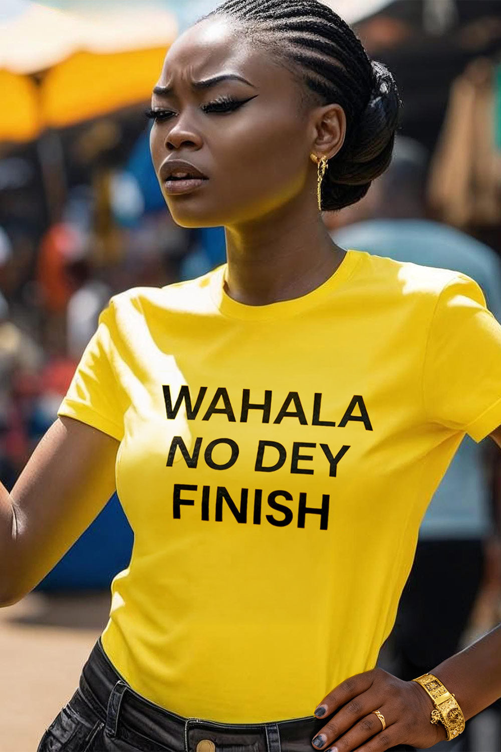 Fine lady dey stand outside with wahala no dey finish shirt to show say peace better.