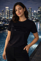 Cheerful woman wearing was on the edge yesterday kinda liked it by a pool smiling at the thrill.