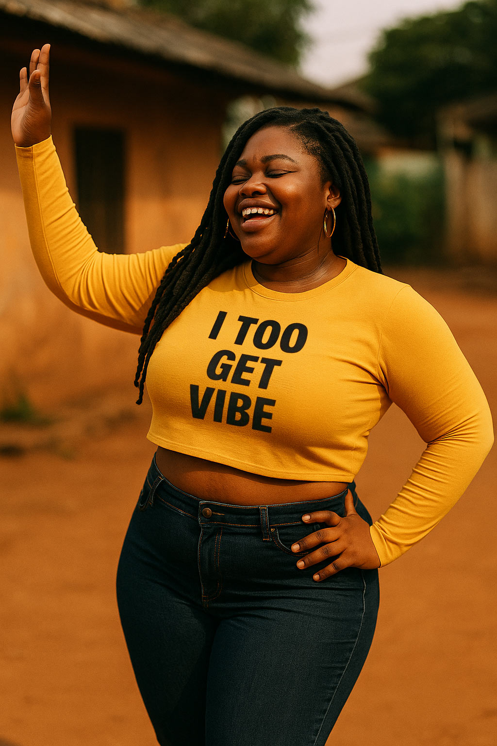Happy woman wave hand wear i too get vibe shirt to spread positive aura anywhere she step.