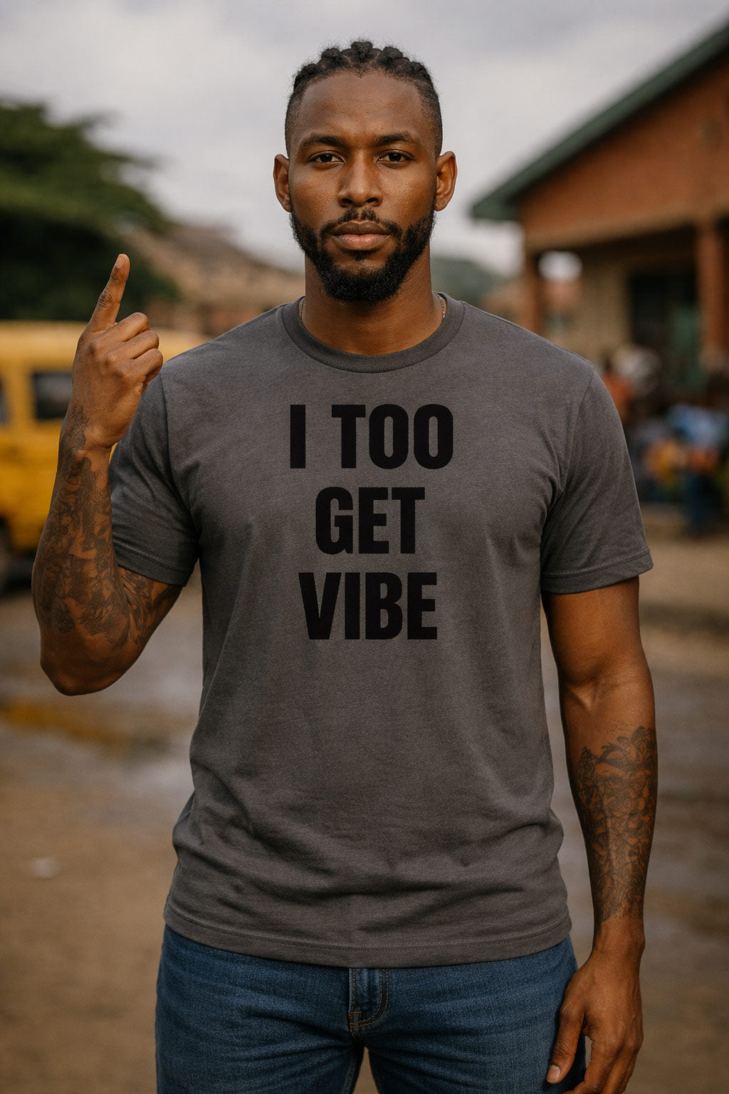 Confident guy point finger wear i too get vibe tee because clean spirit no need force anything.