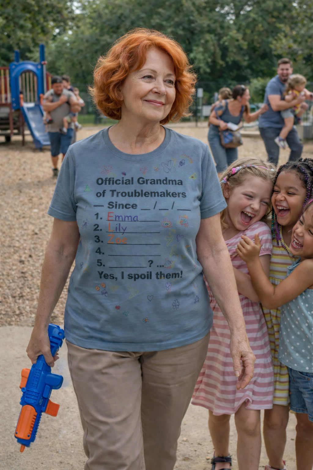 Smiling woman holding a water gun at a park wearing official grandma of troublemakers yes I spoil them shirt for grandmothers.