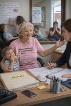 Happy woman watching kids draw wearing official grandma of troublemakers yes I spoil them tee claiming the favorite accomplice role.