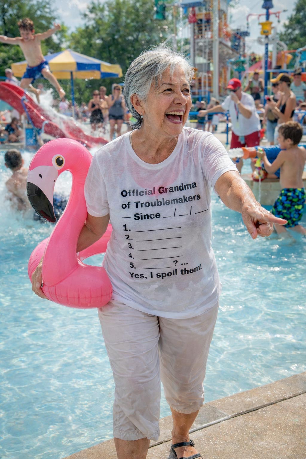 Cheerful woman at a waterpark wearing official grandma of troublemakers yes I spoil them shirt perfect for endless fun.