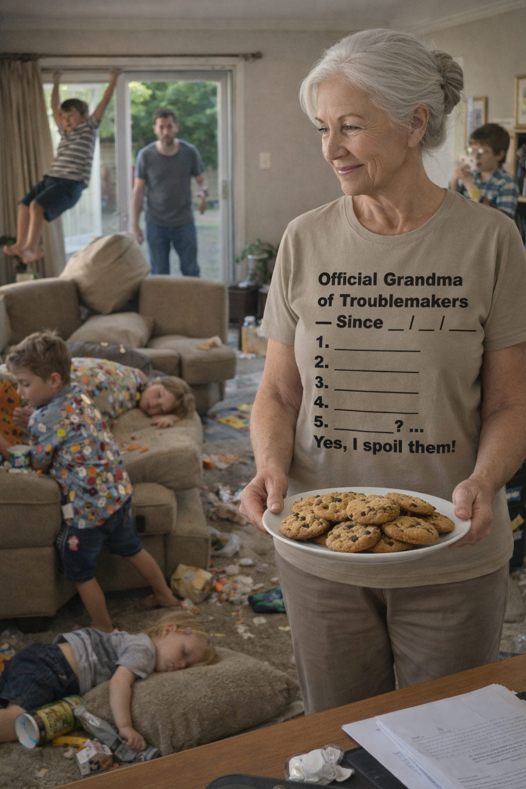 Proud woman serving cookies wearing official grandma of troublemakers yes I spoil them tee celebrating mischievous moments.