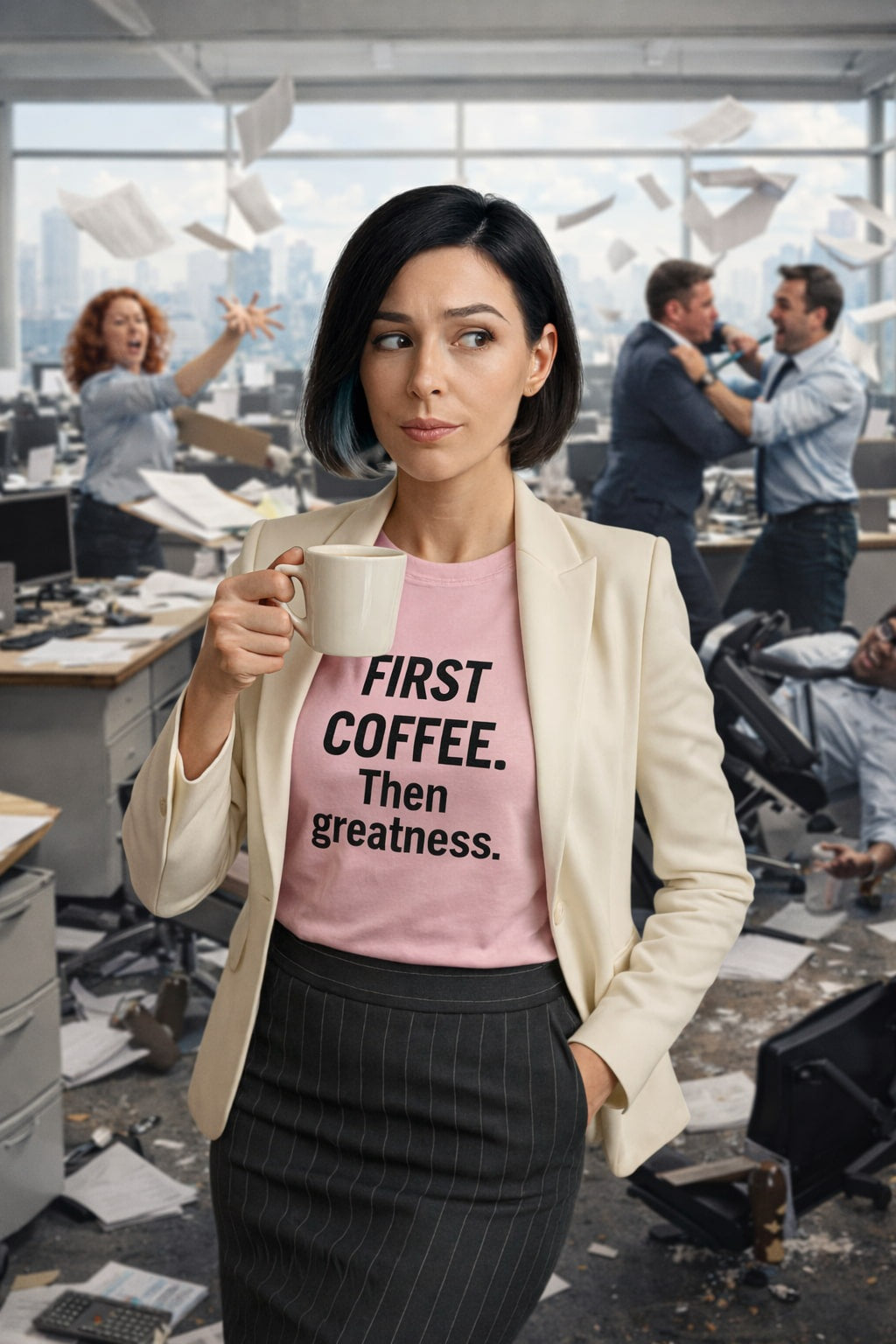 Premium TtCAD shirt with FIRST COFFEE. Then greatness. slogan; a perfect funny gift idea for a female boss or colleague in a busy office