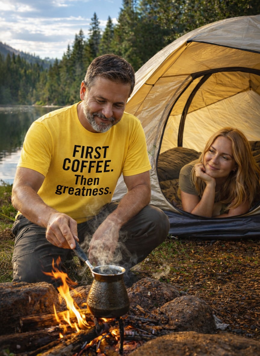 Morning ritual outdoors: man in FIRST COFFEE. Then greatness. yellow shirt by a campfire; unique gift for a traveler or a camping lover