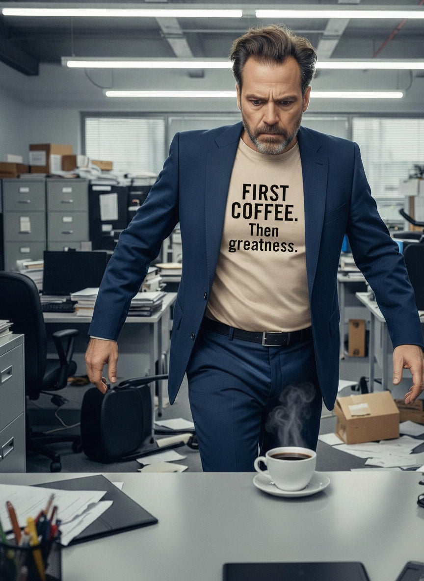 Professional look with a twist: FIRST COFFEE. Then greatness. premium tee worn by a man; great gift for a businessman or a creative professional