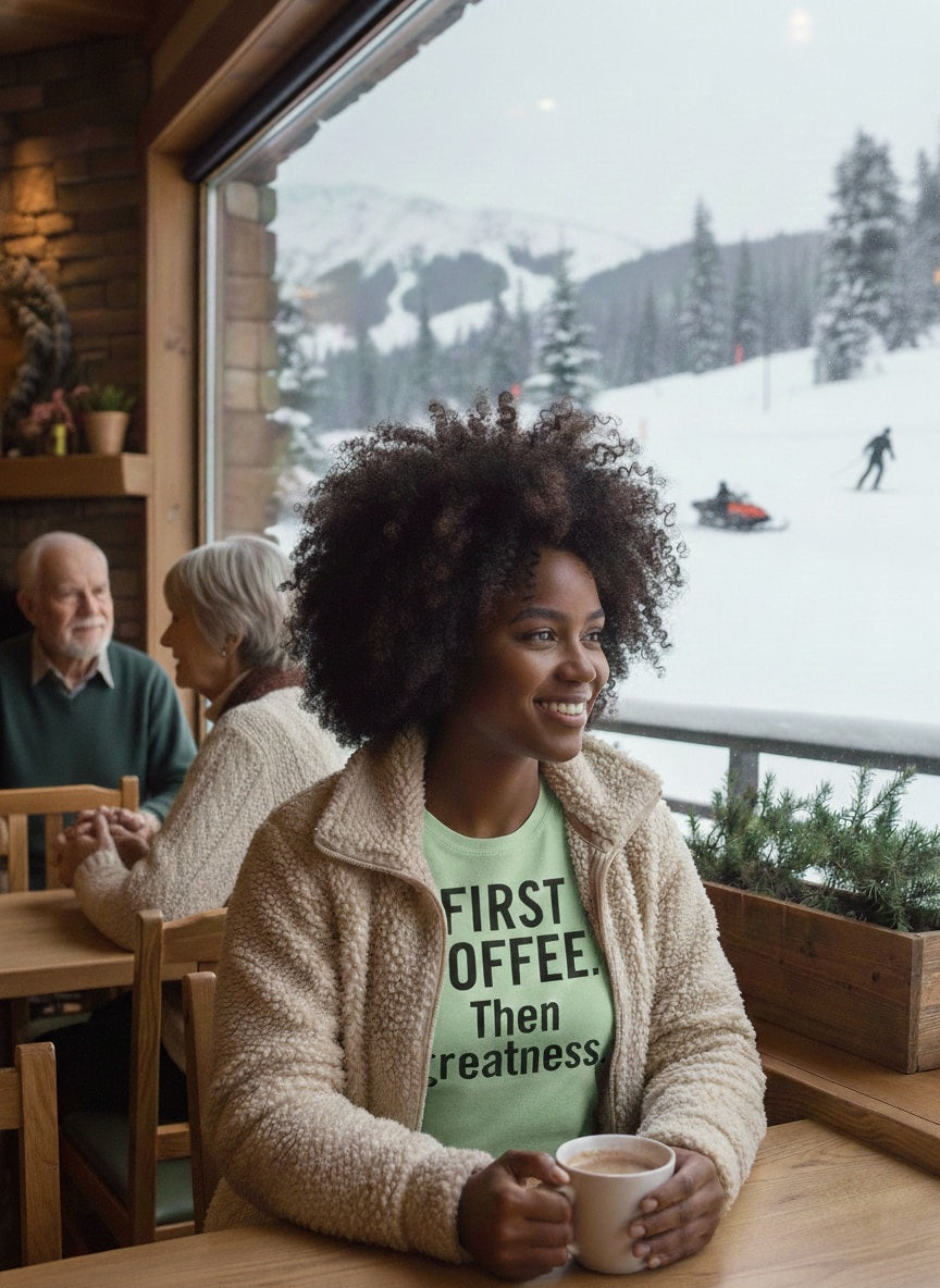 Cozy morning vibe: woman in FIRST COFFEE. Then greatness. shirt at a coffee shop; thoughtful birthday gift for a coffee enthusiast or a student