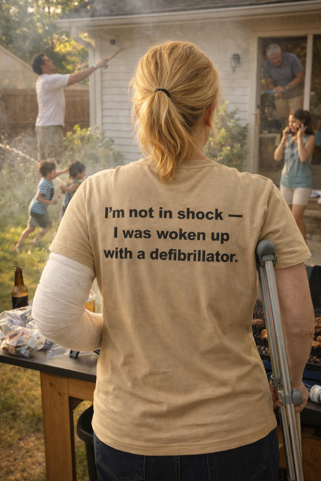 Woman on crutches watching chaos wearing I'm not in shock I was woken up with a defibrillator shirt.