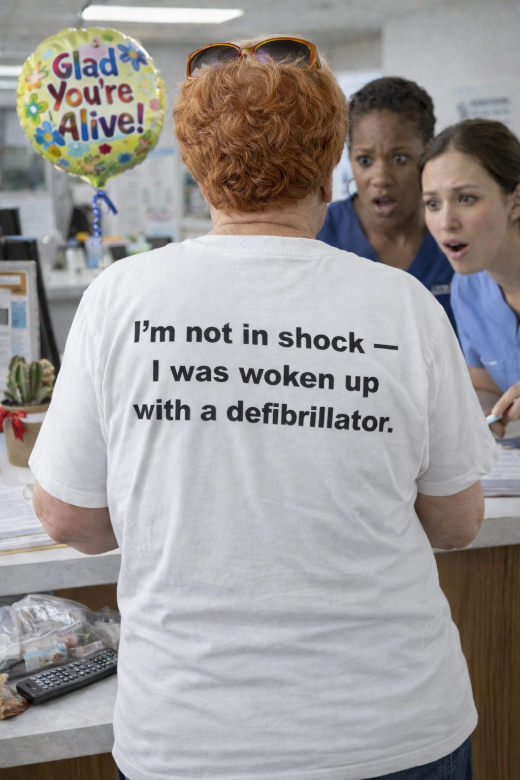 Patient near shocked nurses wearing I'm not in shock I was woken up with a defibrillator tee.