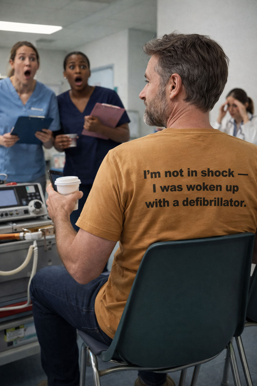 Man holding coffee wearing the I'm not in shock I was woken up with a defibrillator tee.