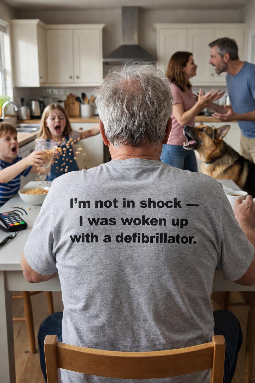 Older man watching family chaos wearing I'm not in shock I was woken up with a defibrillator shirt.
