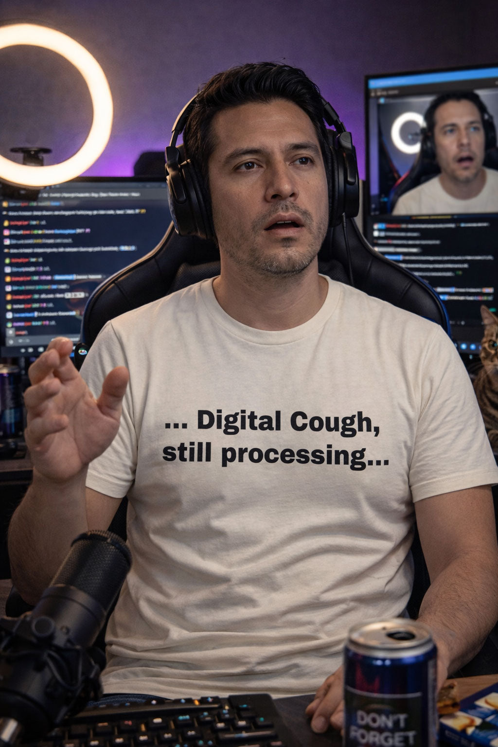 Exhausted gamer staring at screen wearing digital cough still processing shirt for tired coworkers.