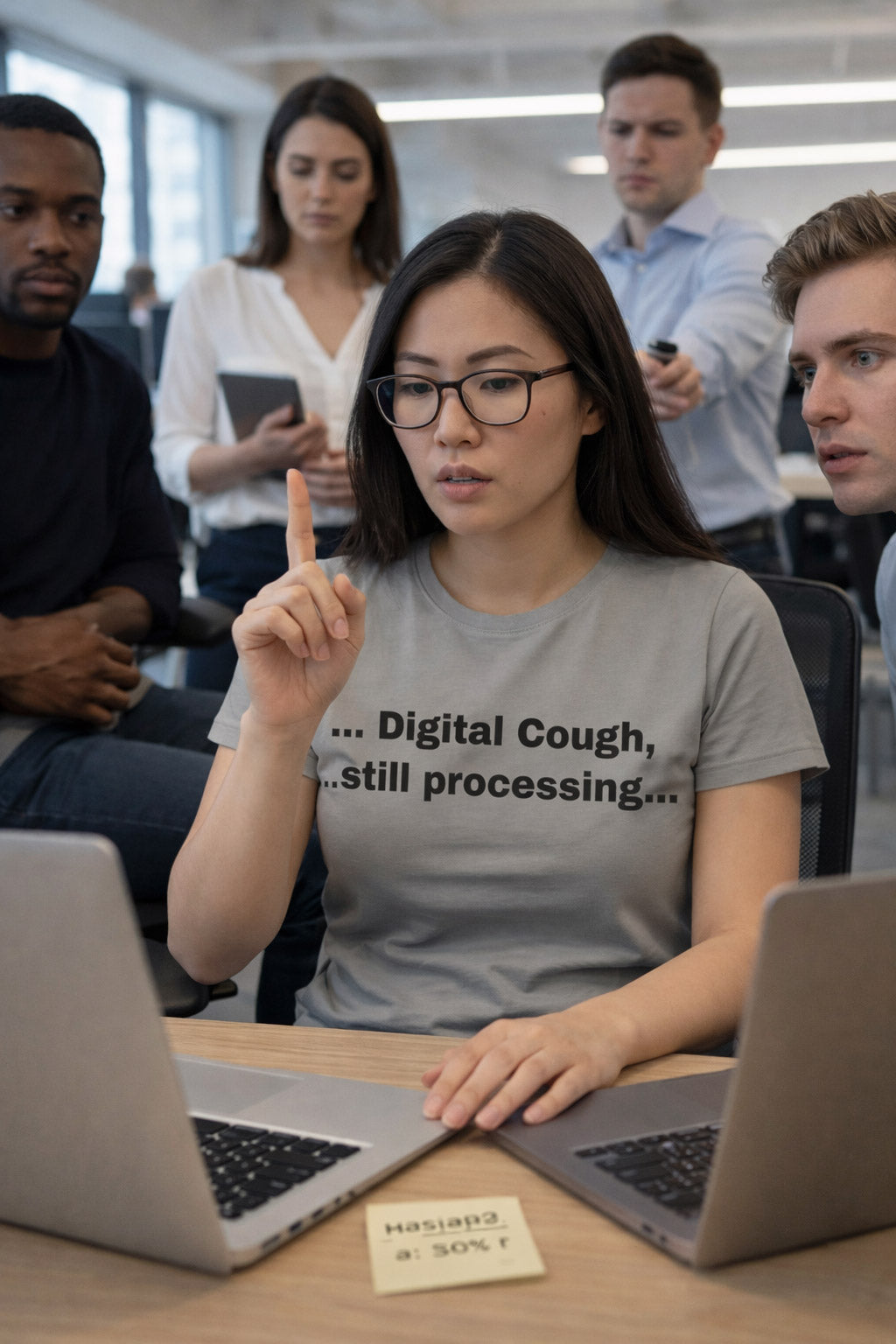 Overwhelmed woman at a desk wearing digital cough still processing shirt navigating the modern world.
