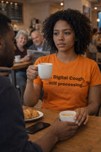 Tired woman sitting in a cafe wearing digital cough still processing tee needing extra buffering.