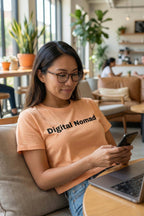 Focused woman working in a cozy cafe wearing digital nomad finding endless inspiration, perfect gift for travelers.