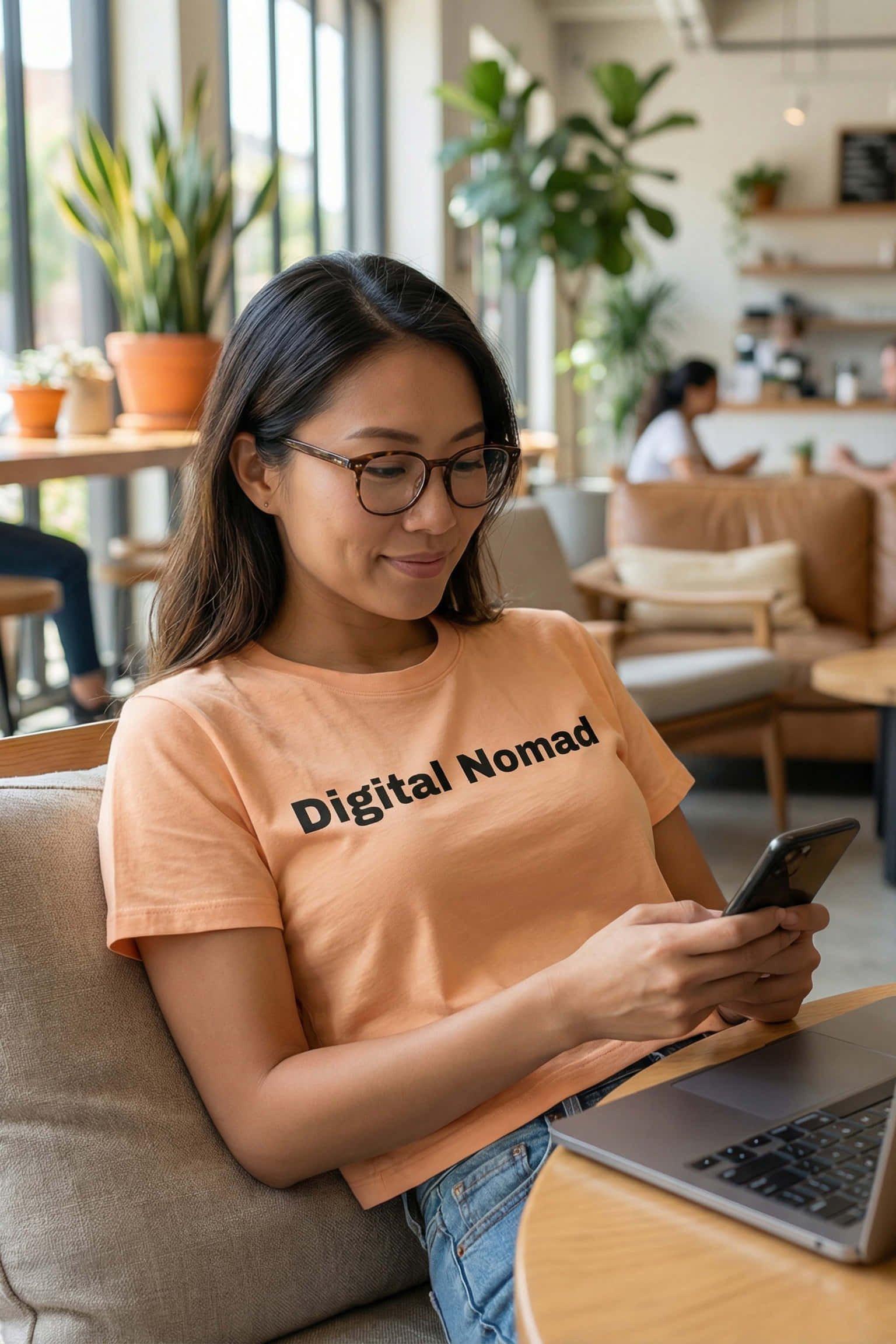 Focused woman working in a cozy cafe wearing digital nomad finding endless inspiration, perfect gift for travelers.