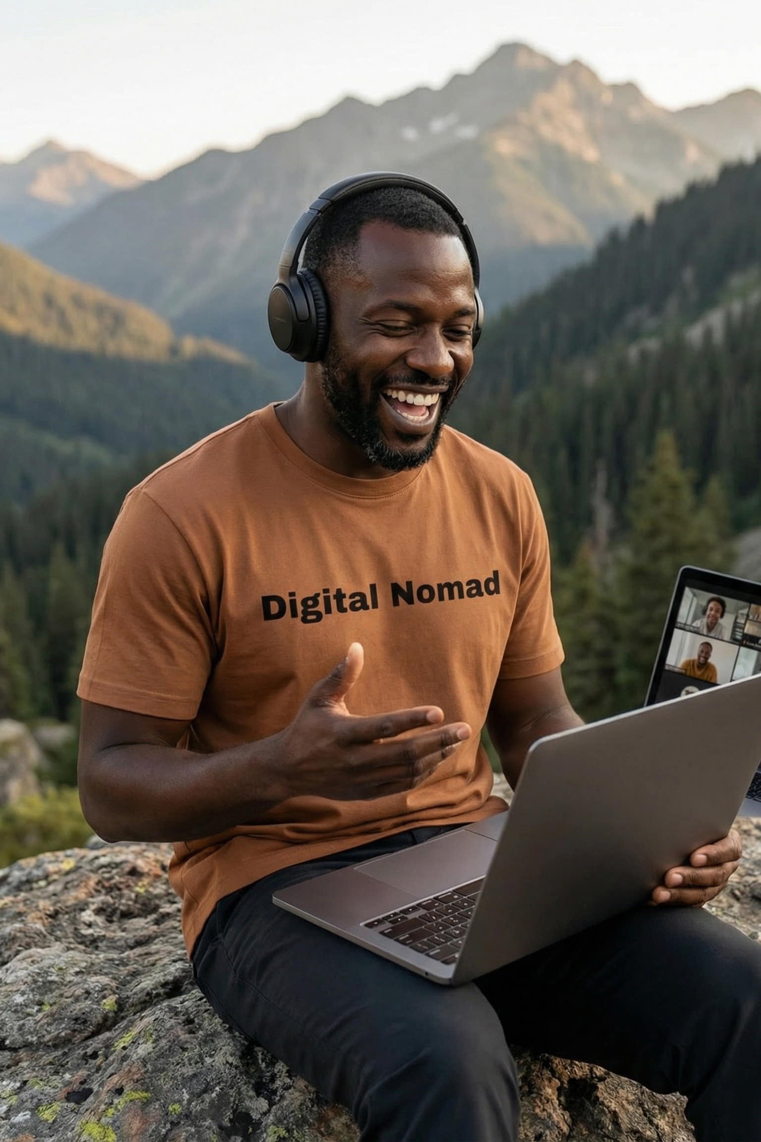 Happy man on a mountain wearing digital nomad working on his own terms, ideal gift for explorers.