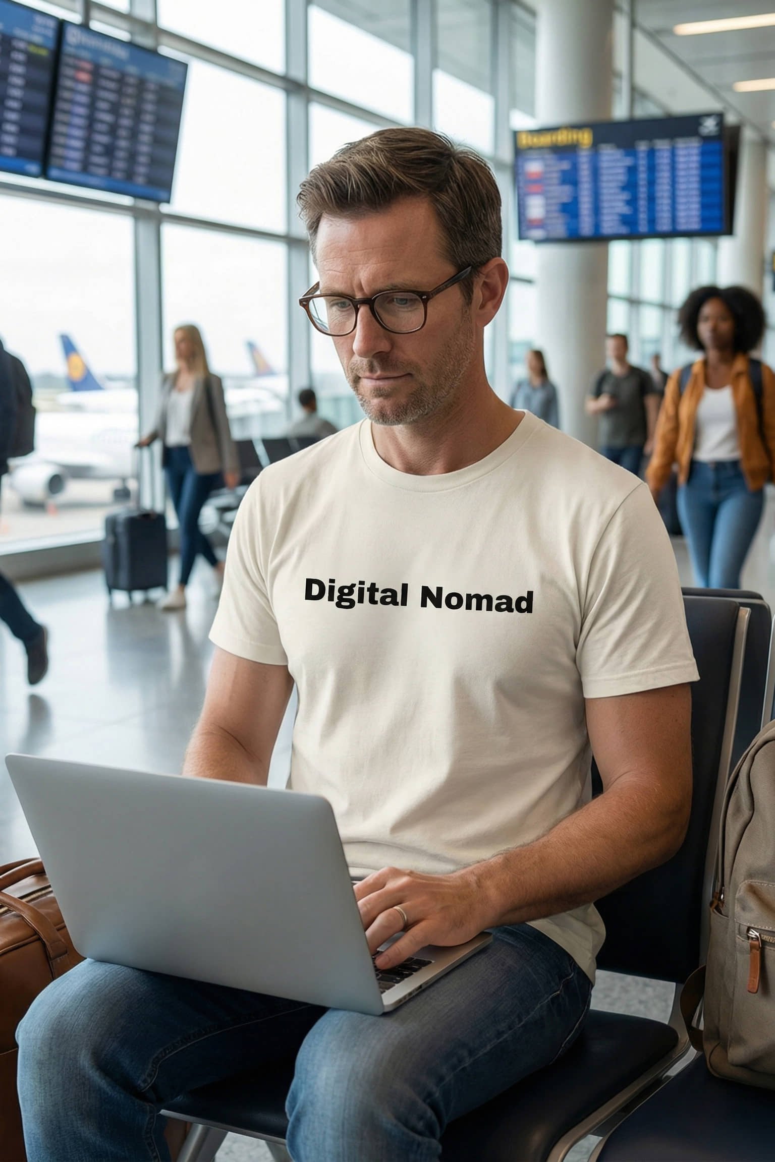 Focused man in an airport wearing digital nomad embracing a life on the move, perfect traveler gift.