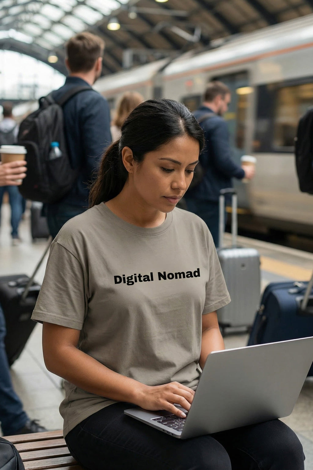 Busy woman at a train station wearing digital nomad transforming the world, an ideal gift for adventurers.