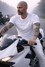 Person wearing growth isn't polite... It pushes while riding a sports bike, finding strength in the friction of progress.