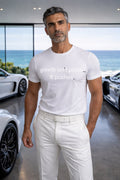 Relaxed person wearing growth isn't polite... It pushes in a high-end car showroom, finding power in personal transformation.