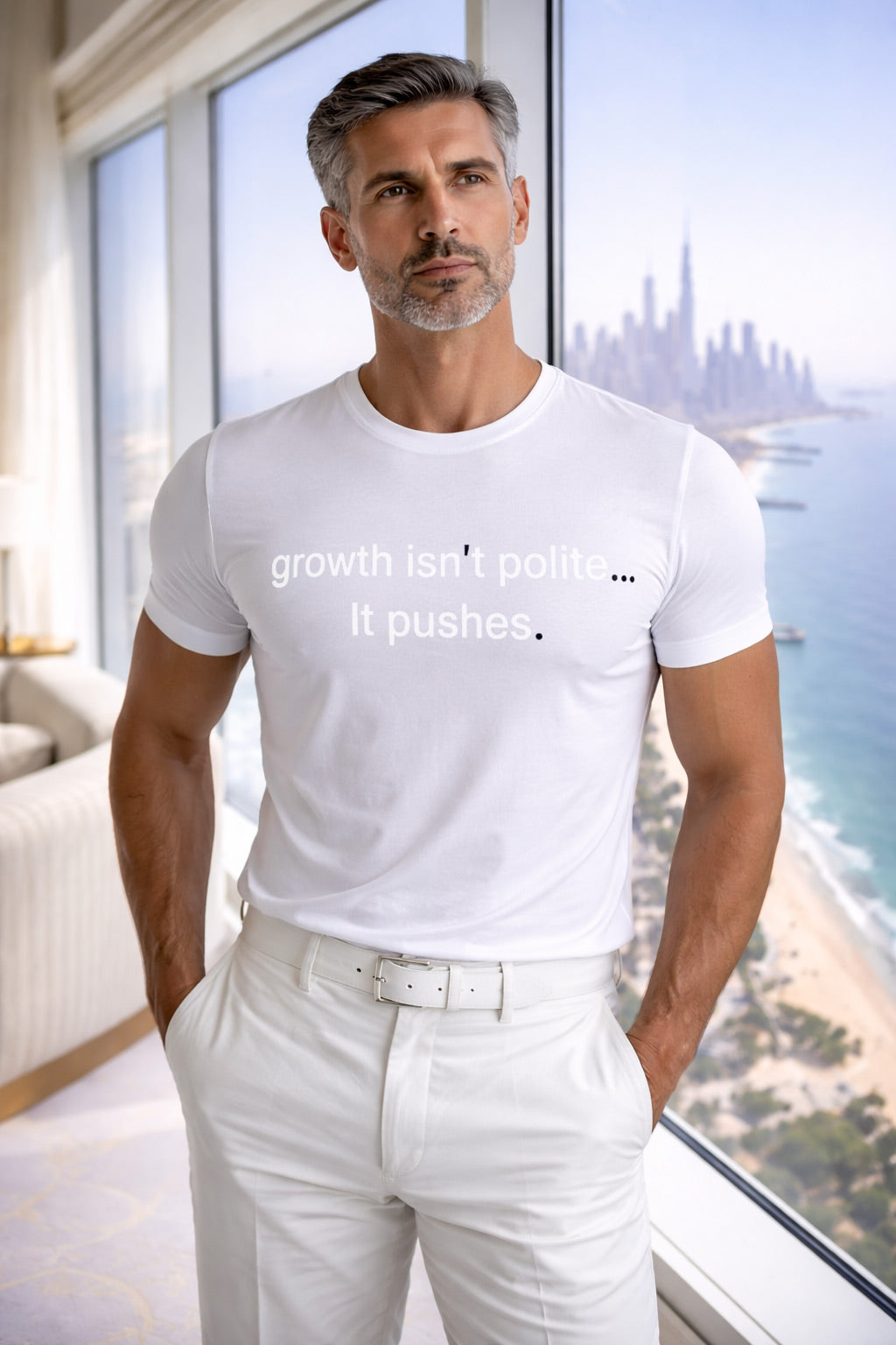 Confident man wearing growth isn't polite... It pushes with a city view, choosing to lean into the discomfort of progress.