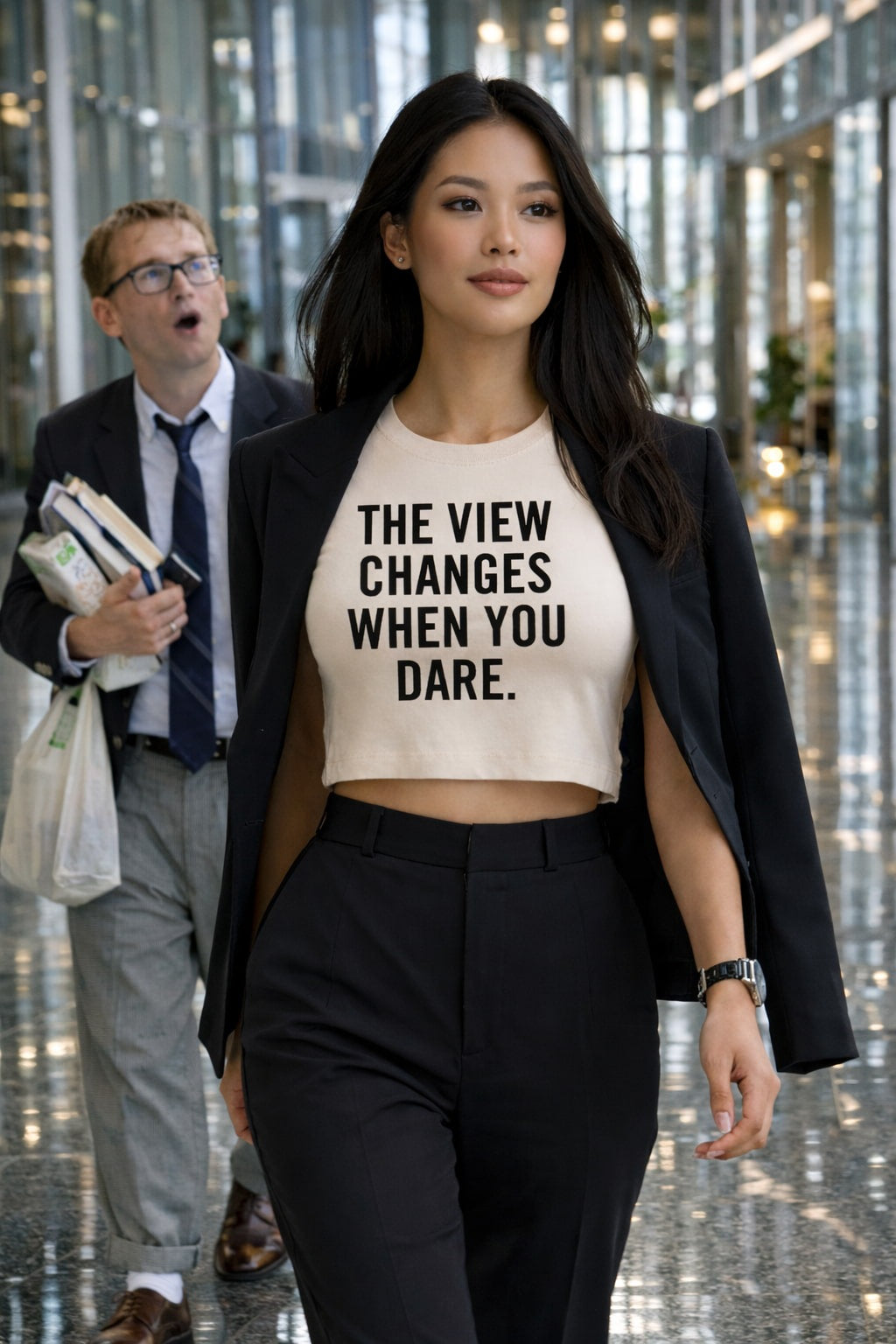Empowering TtCAD shirt: THE VIEW CHANGES WHEN YOU DARE. slogan; a perfect motivational gift idea for a career-driven woman or a female leader