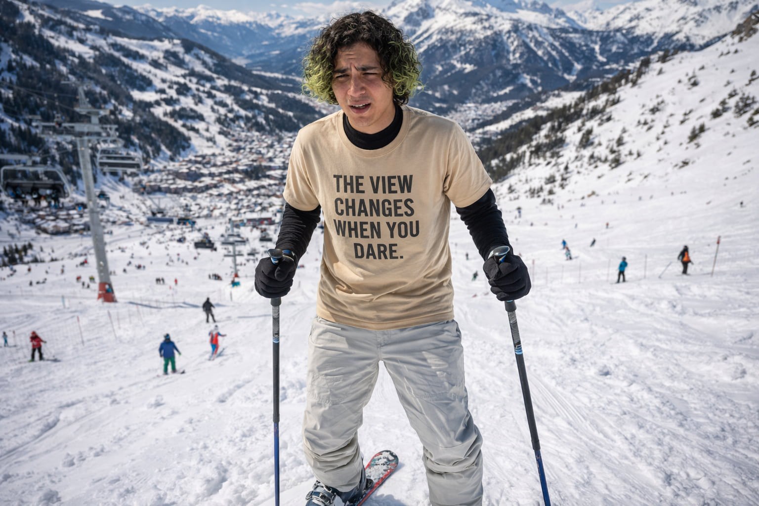 Winter action style: THE VIEW CHANGES WHEN YOU DARE. premium shirt worn by a skier; creative gift for a winter sports enthusiast or a friend who loves the outdoors