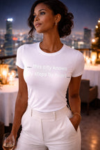 Elegant person wearing ... this city knows my steps by heart... celebrating shared history at a private evening cityscape event.