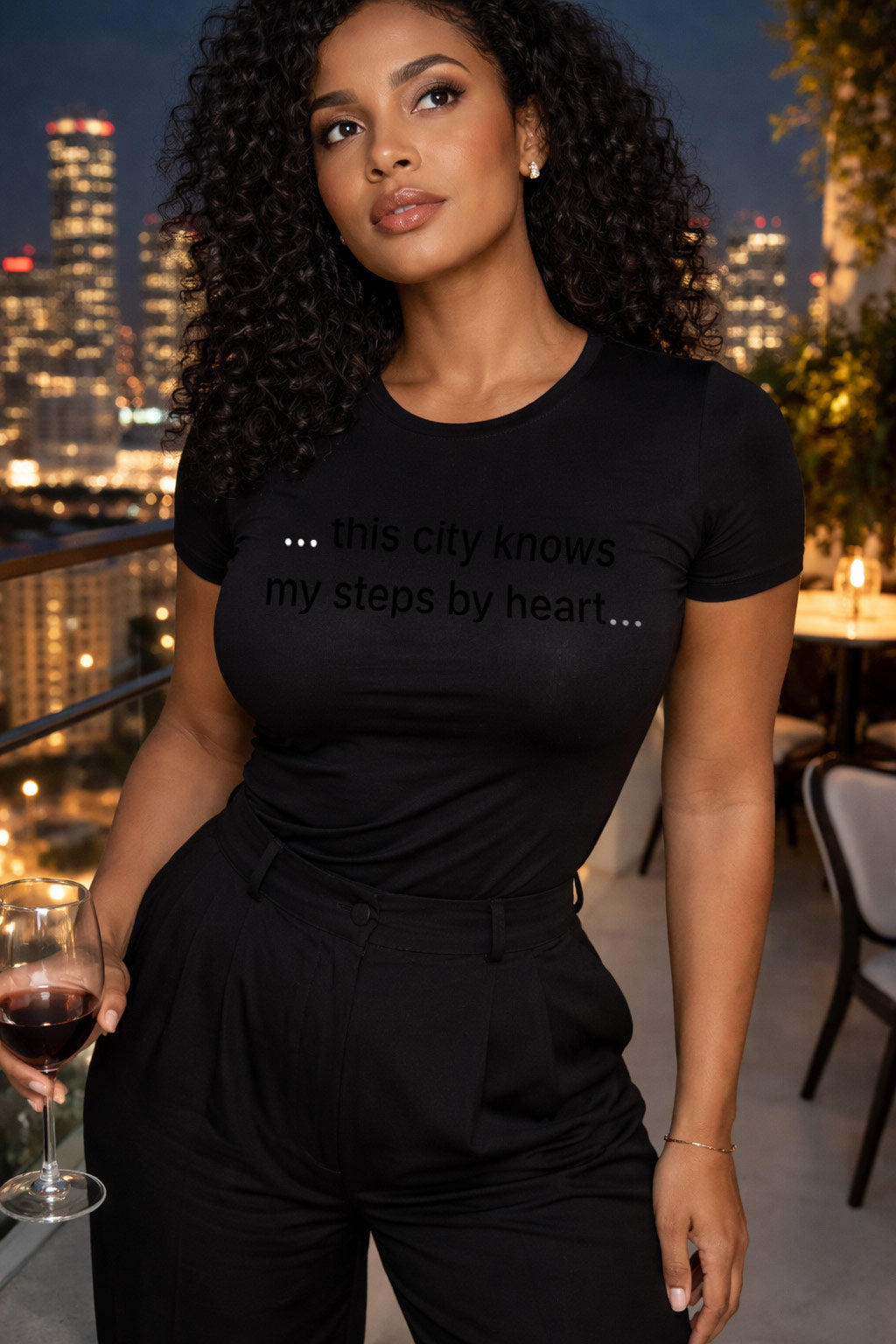 Elegant woman wearing this city knows my steps by heart enjoying shared history with these streets.