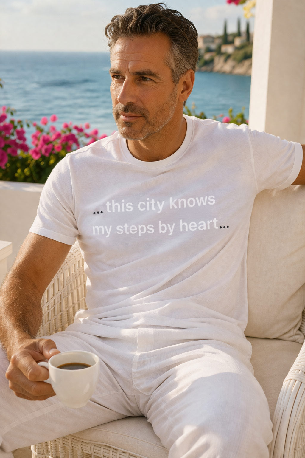 Casual lifestyle shot of man wearing ... this city knows my steps by heart... happily navigating familiar streets.