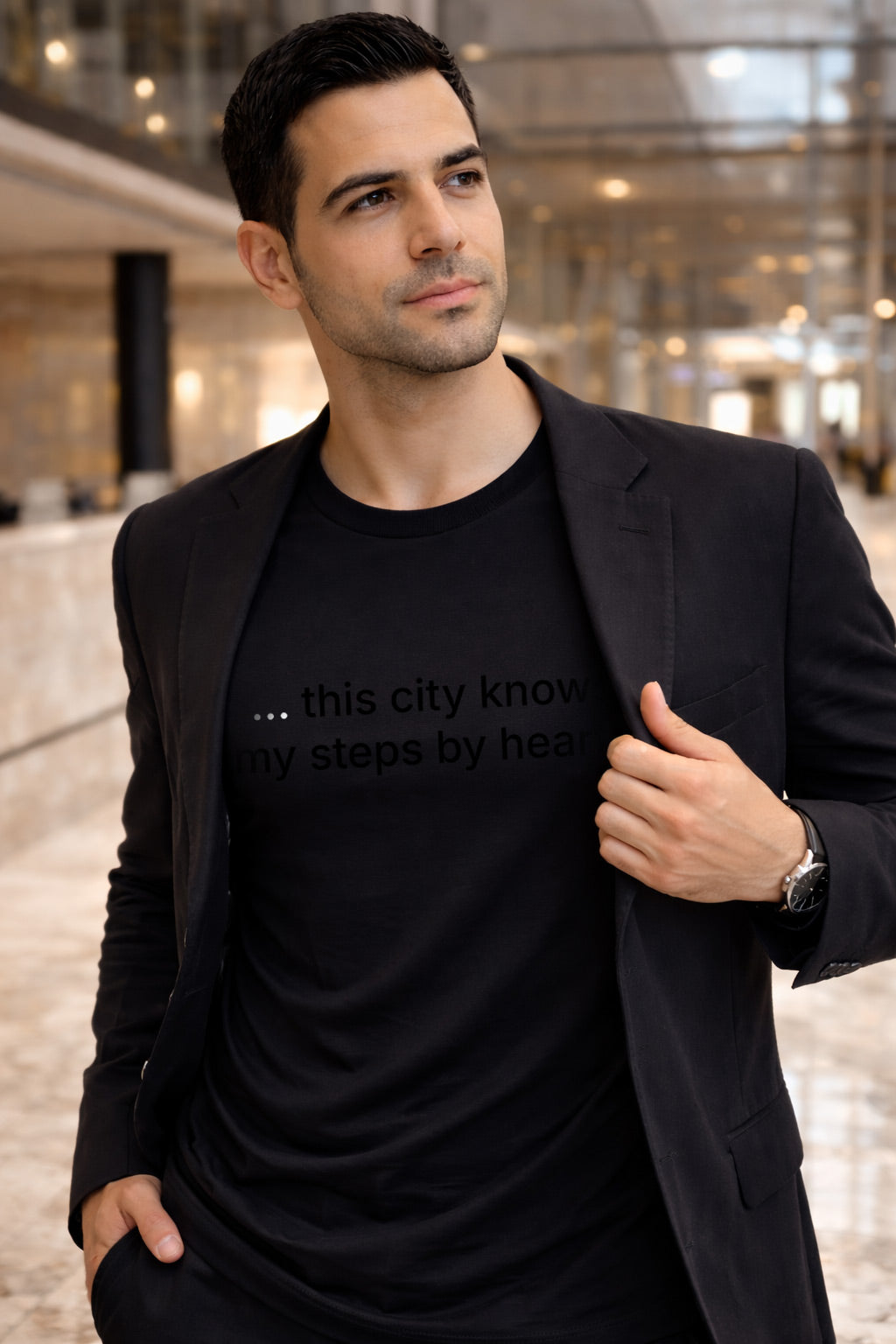 Confident man wearing this city knows my steps by heart finding quiet comfort in familiar corners.