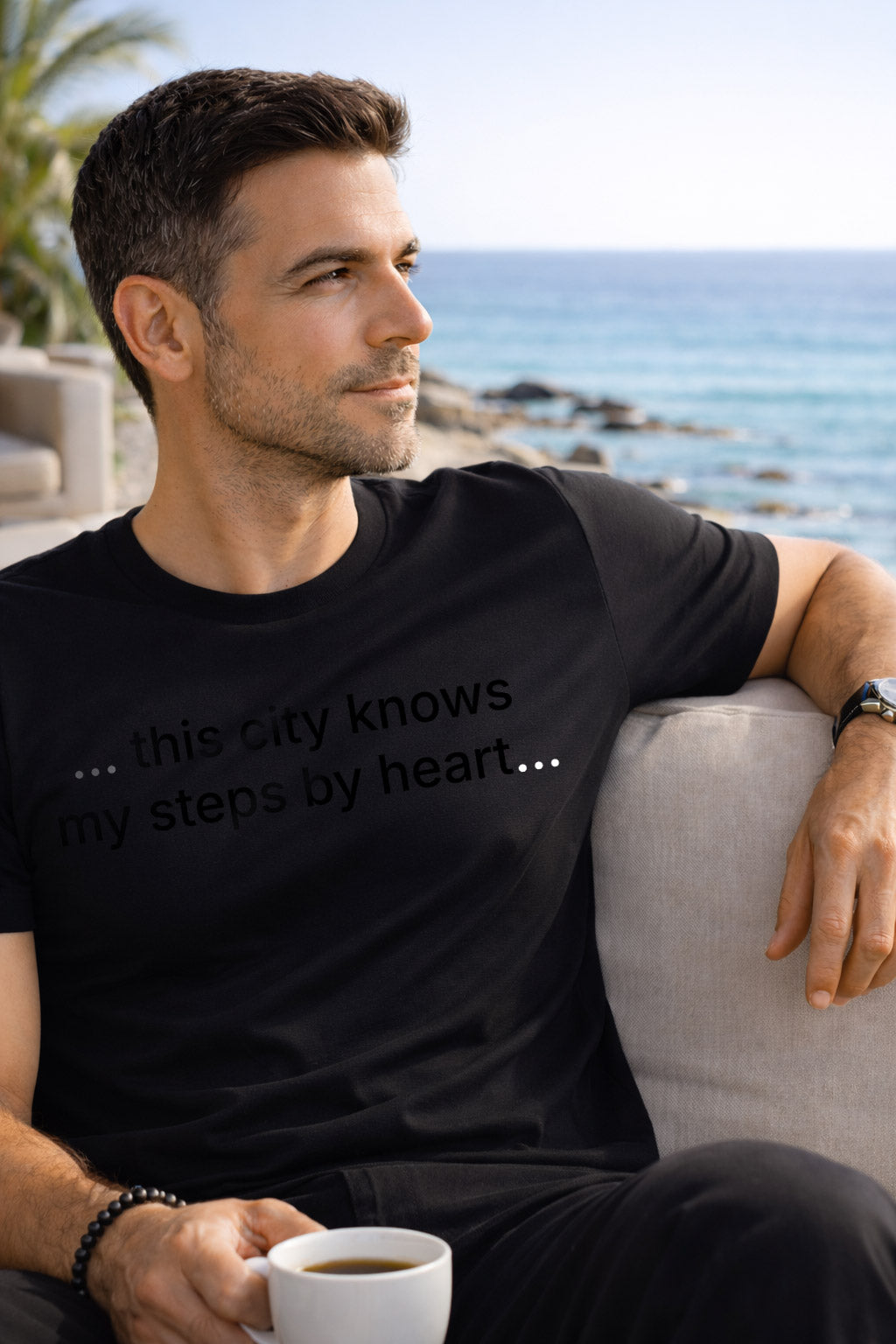 Casual lifestyle shot of man wearing this city knows my steps by heart navigating his personal map.