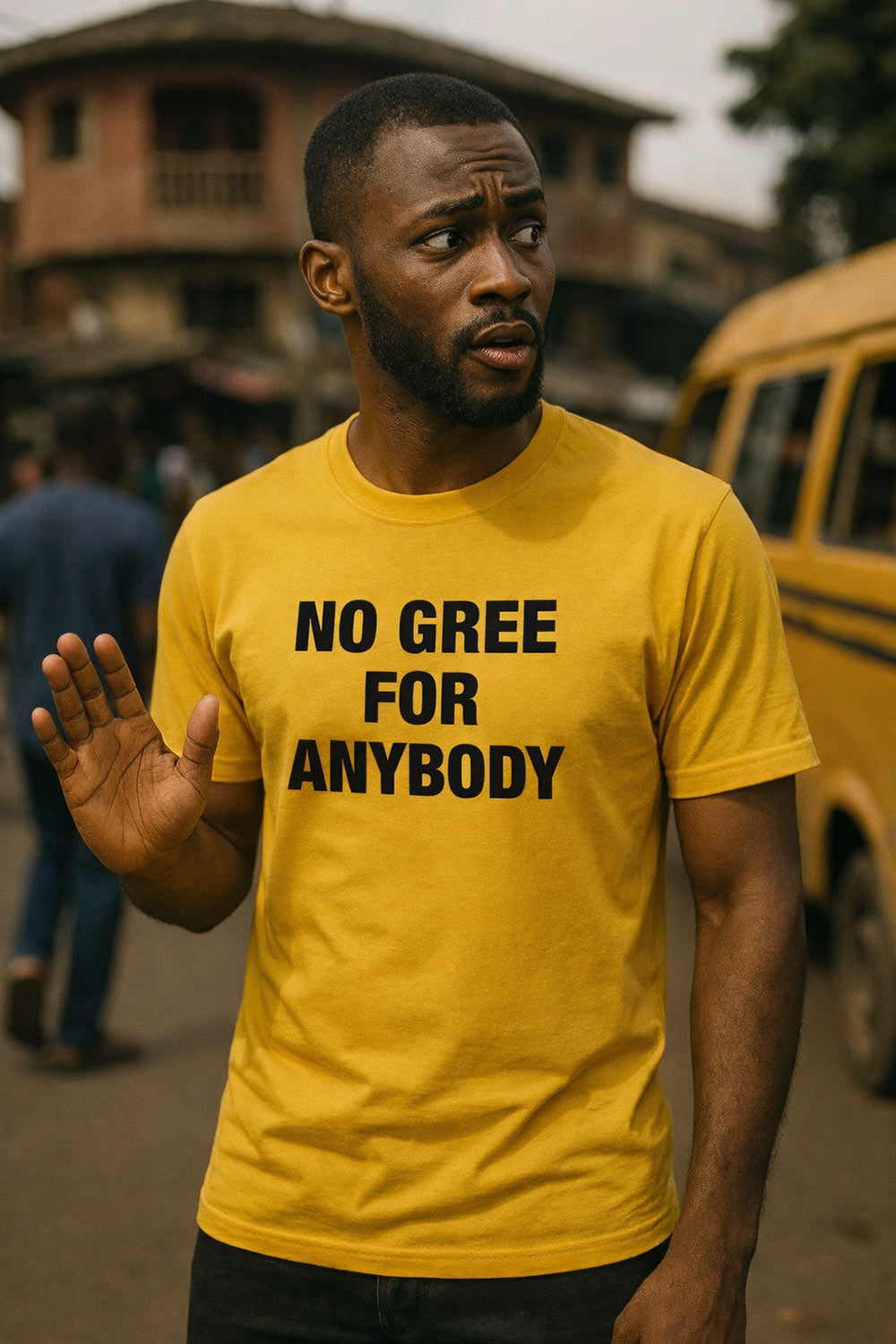 Serious man raise hand wear no gree for anybody shirt to defend his peace of mind today.