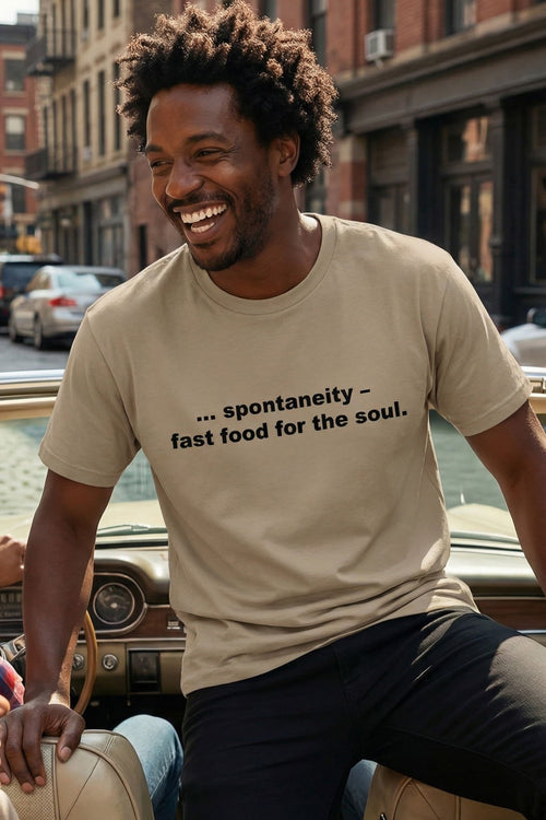 Laughing man in a car wearing spontaneity fast food for the soul embracing unexpected detours, ideal gift.